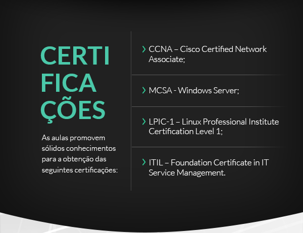 certificações, as aulas promovem sólidos conhecimentos para a obtenção das seguintes certificações